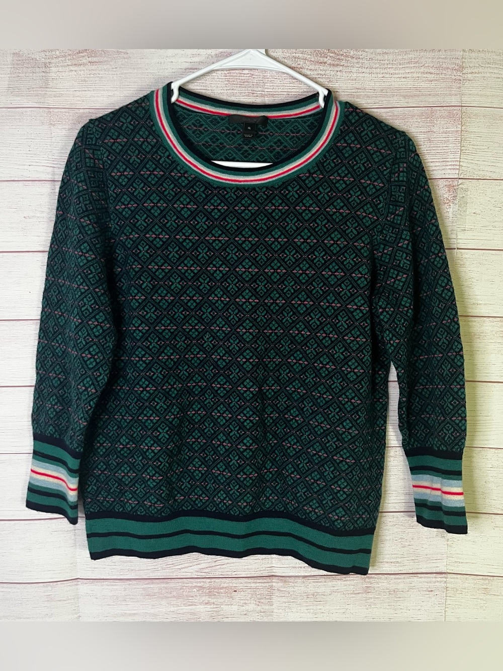 J.Crew green diamond pattern merino wool with striped ribbed trim Sweater XL